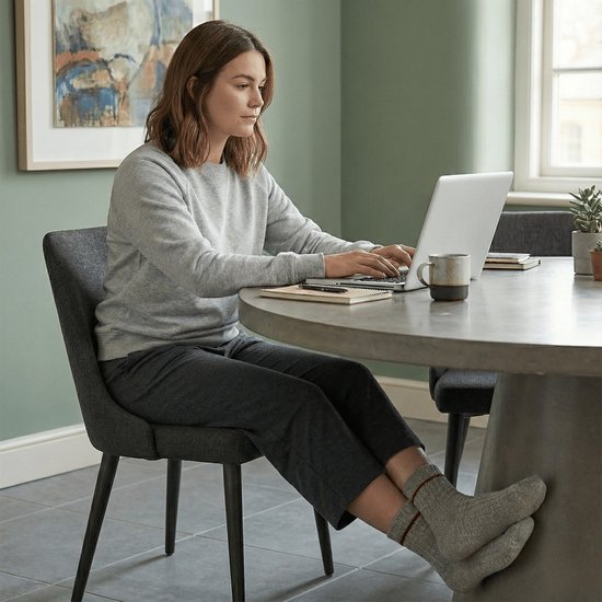 Vrouw met een grijze trui en broek, zittend aan een tafel met een laptop, draagt lichtgrijze sokken.