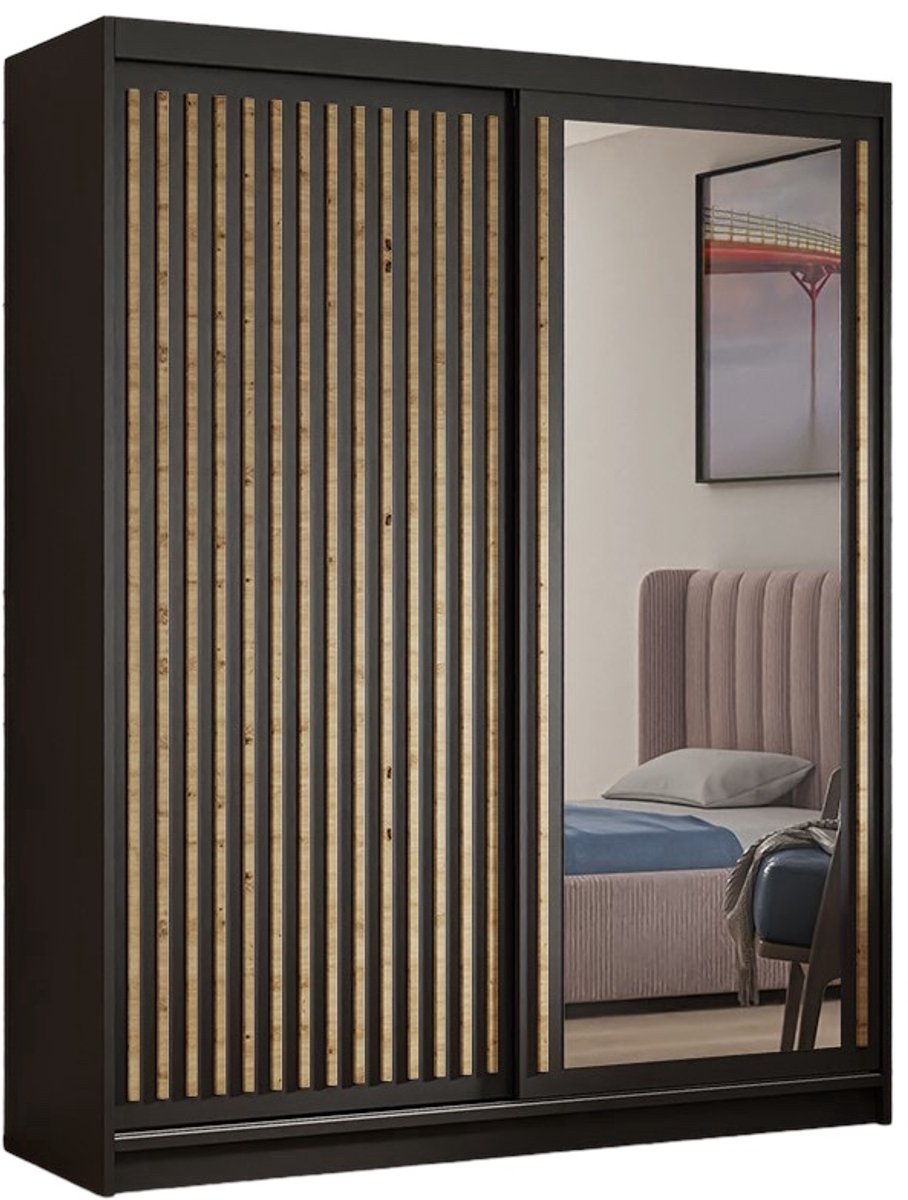 Margaret Hadas24 Kledingkast Dora met lamellen en spiegel 180 cm inclusief 2 schuifdeuren Hangende deurkast (kleur: zwart, zwart, lamellen artisan)