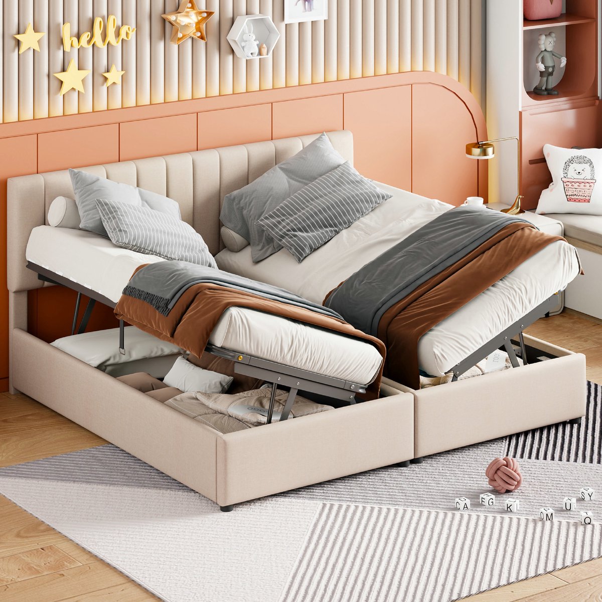 Strovea Kinderbed,180x200cm Zacht Kussen bed, Hydraulisch Opbergbed, huidvriendelijk linnen loft bed, multifunctioneel tweepersoonsbed, Beige (zonder matras)