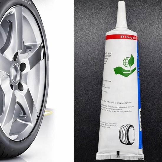 Een zilverkleurige velg met een sportband, naast een tube 'BY Shang pie' reparatielijm met groene logo's.