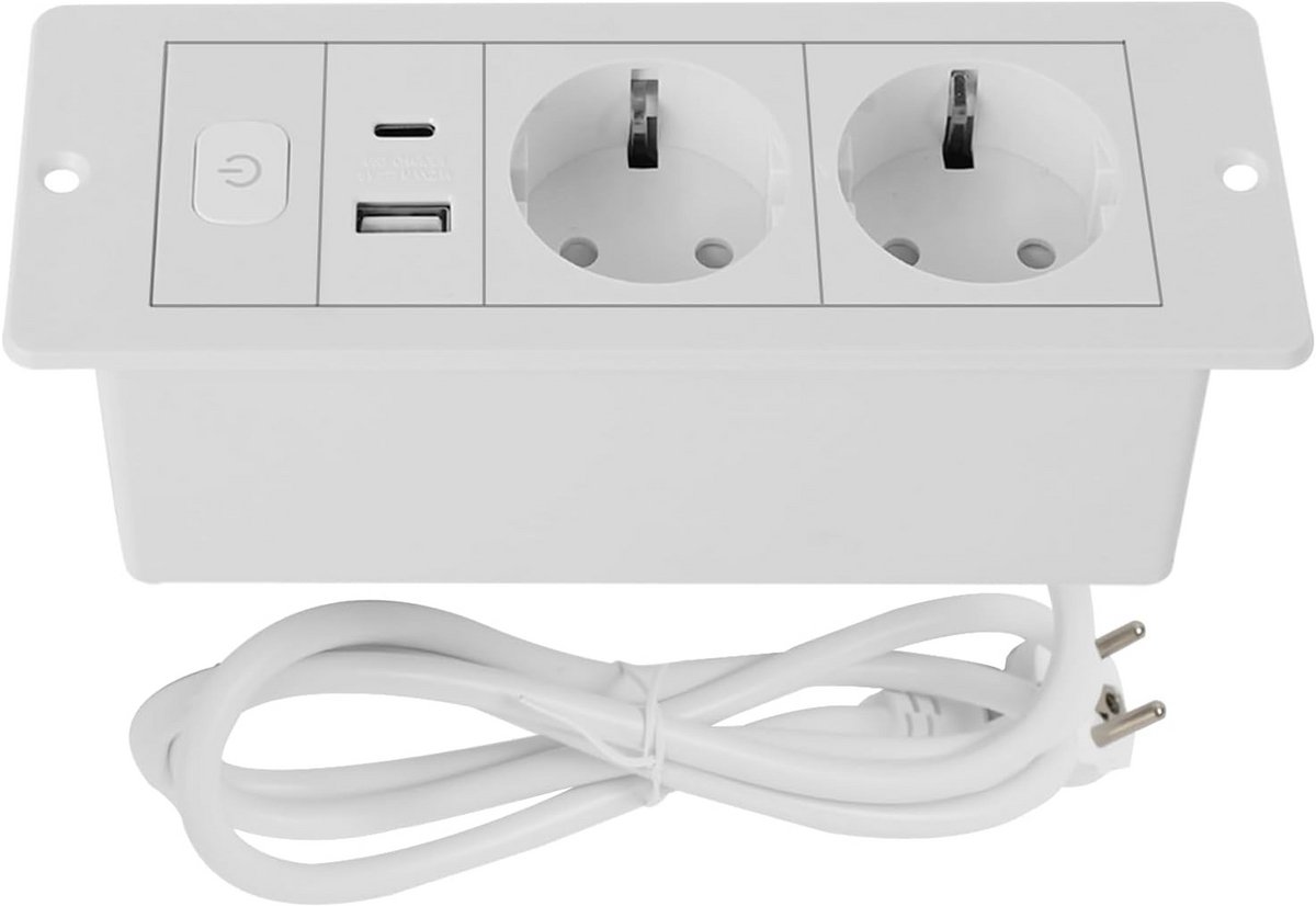 Tafelblad Stopcontact met 2 USB-poorten, Intrekbare Inbouwstekkerdoos, 3-voudig, 1,8m Kabel, Geschikt voor Kantoren, Slaapkamers, Klaslokalen - Wit