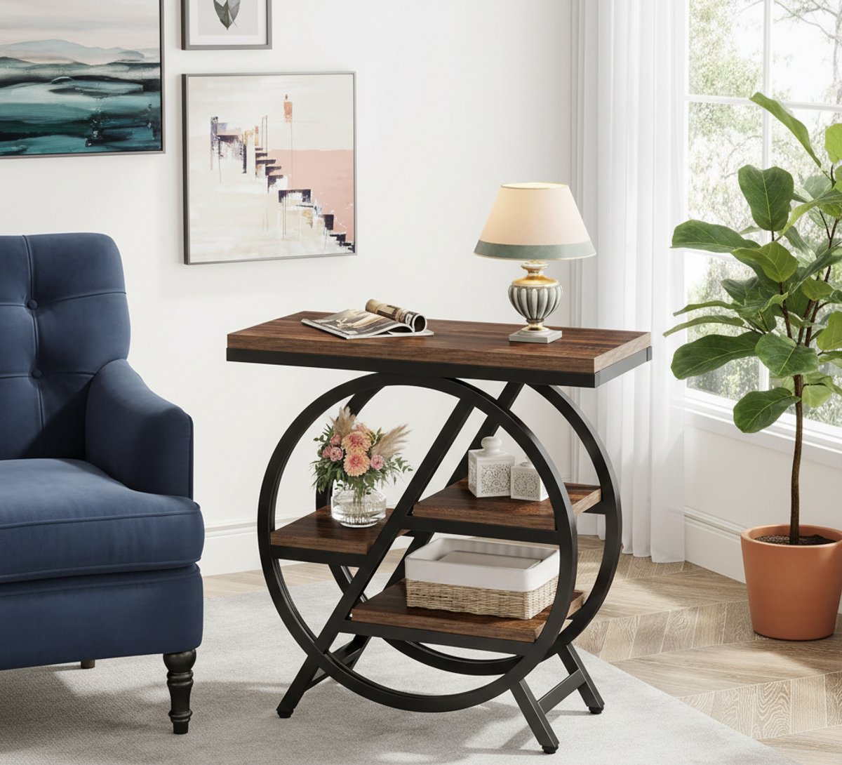 Bijzettafel Smal 3-Laags met Opbergruimte – Industrieel Houten Sidetable voor Woonkamer & Slaapkamer – Met Metalen Frame – Nachtkastje – Rustiek Bruin – House&Garden