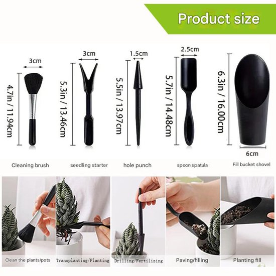 5-delige Succulent Planting Tool Set - Gardening Tool Kit - Mini Gardening Tools - Plant Care - Includes shovel, cleaning brush, seedling lifter, hole punch, and soil bucket - Suitable for indoor planting, digging, and cultivation - Black van Ontariio — afbeelding 2