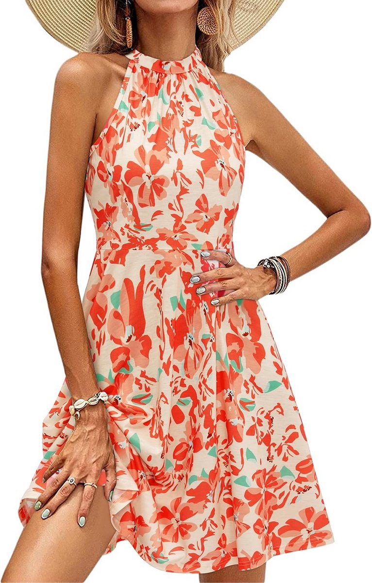 Dames Zomer Jurk Mouwloos Katoen Halter Hals Casual Strandjurk