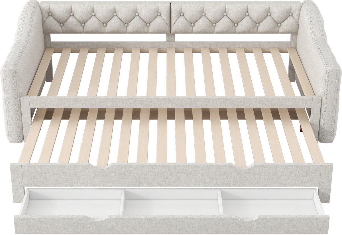 Gestoffeerd slaapbank van 90x200 cm met ledverlichting, uitschuifbaar bed en drie lades, beige