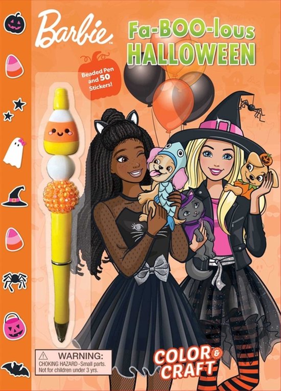 Barbie Fa-BOO-lous Halloween kleurboek met pen en stickers. Twee Barbies in kostuum met puppy's, ballonnen en pompoenen.