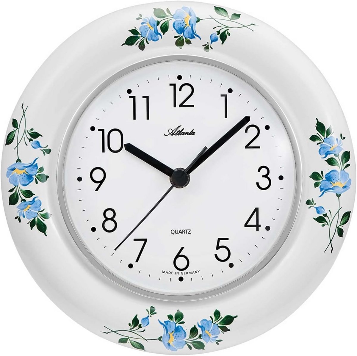 Keramische keukenklok wit rond met blauwe bloemenmotief kwarts