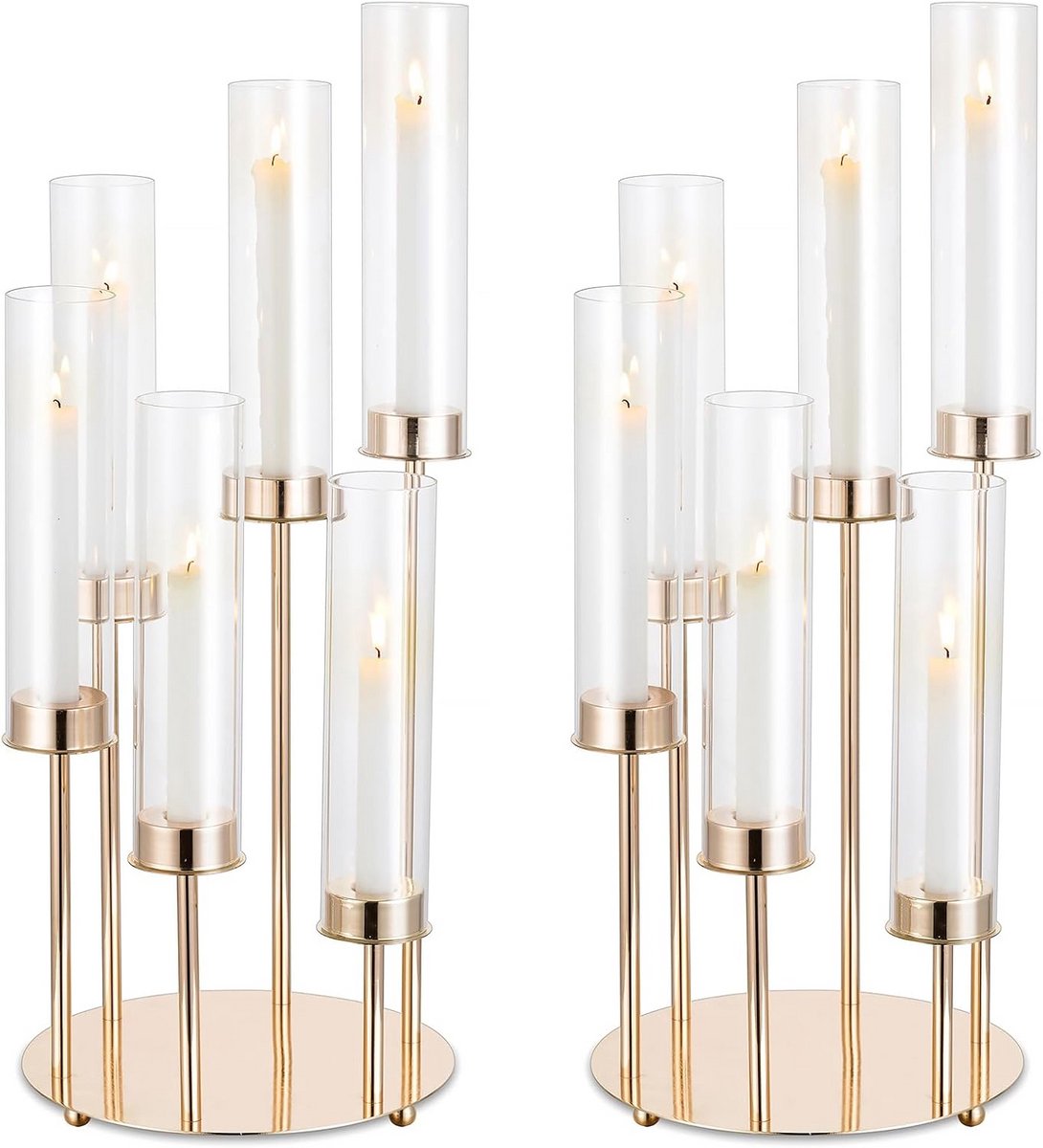 Gouden kandelaar met zes armen en glazen cilinder, 60 cm hoog, set van 2 stuks