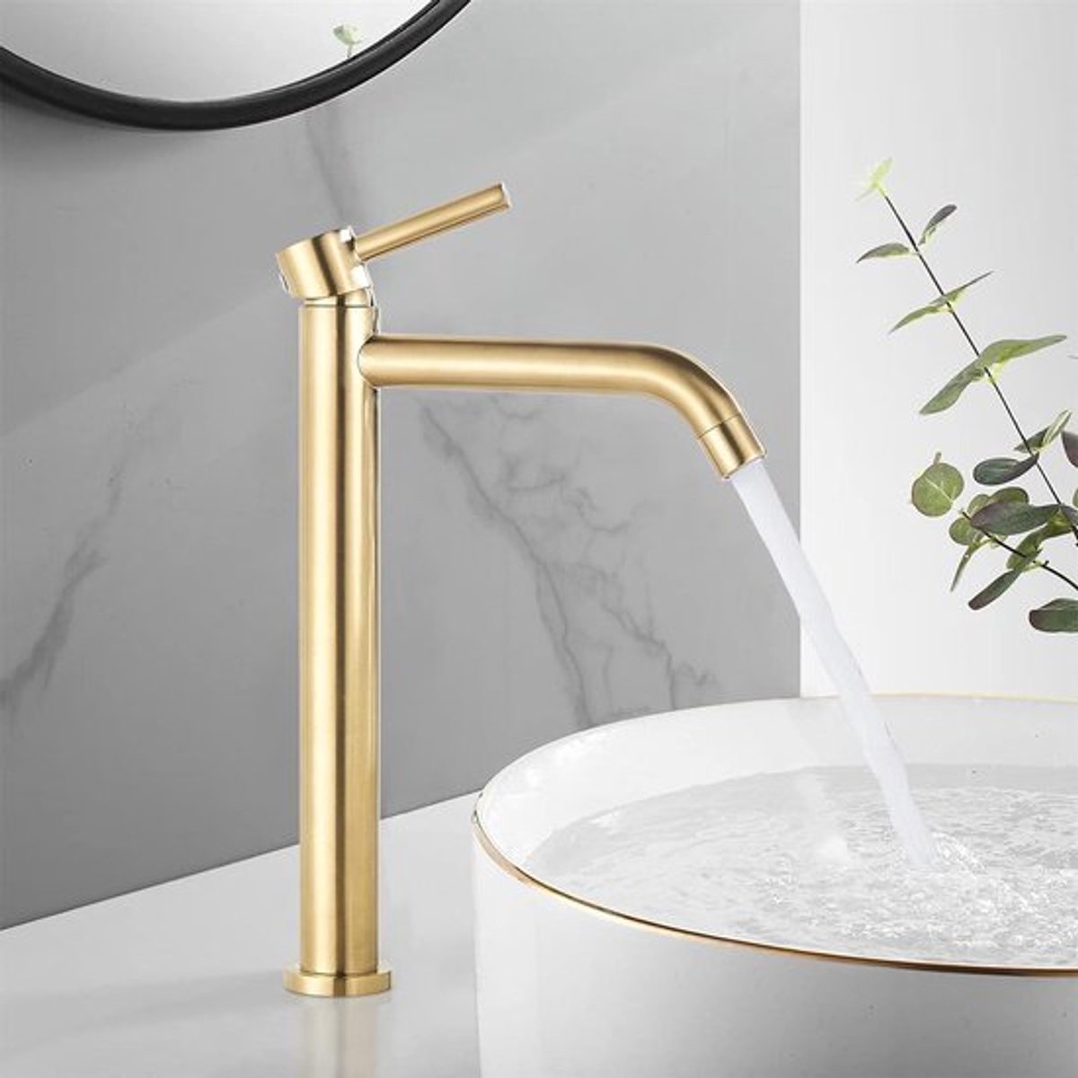Design Keramiek Waskom wasbak wastafel wit 42 cm doorsnede met hoge gouden kraan KOOPJE.