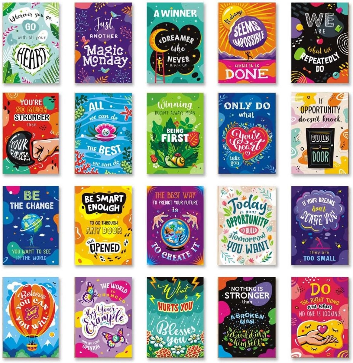 Set van 20 Motivatie & Inspiratie Ansichtkaarten - Blanco Wenskaarten met Positieve Quotes