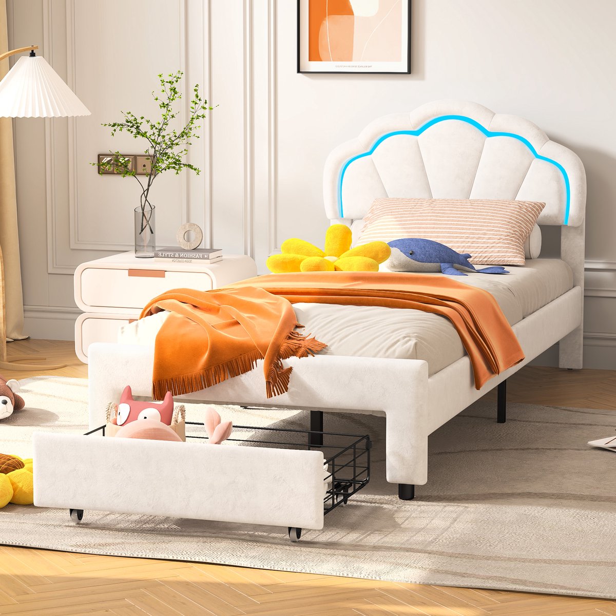 Fluwelen Bedframe met LED – Gestoffeerd Bed met Schelpvormig Hoofdbord, Opberglade & RGB Verlichting