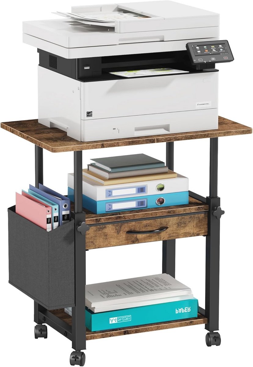 Hoogte Verstelbare Printerkast met Wielen - 3-niveau Bureau Organizer voor Thuiskantoor - Bruin