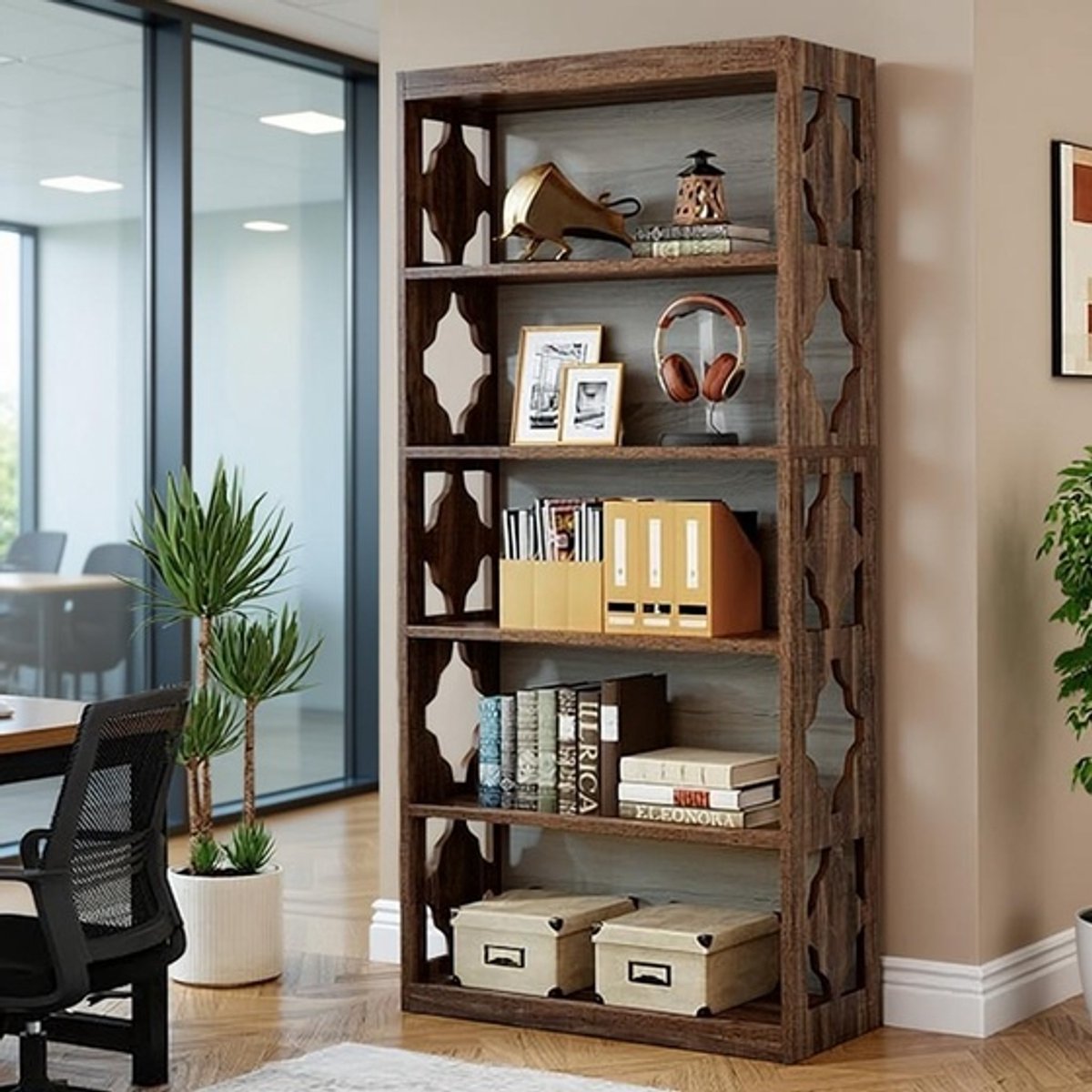Boekenkast 6 Lagen – Hoge Vrijstaande Opbergkast 179 cm met Open Planken – Sterk, Stabiel & Krasbestendig – Vintage Houten Wandkast voor Woonkamer & Slaapkamer – House&Garden