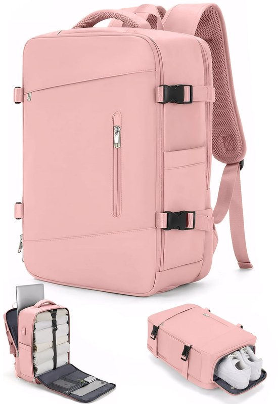KZQ Reistas Grote Rugzak Dames Heren Waterdicht Outdoor Casual Dagrugzak Large Travel Backpack 15 Inch Laptoptas Carry on Flight Approved USB Charging Port Shoe Pouch College Bag Weekender Business roze 40L
