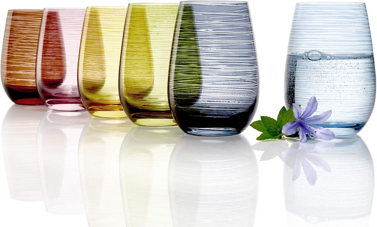 Set van 6 glazen van 465 ml, kleurrijk kristalglas met geribbeld design, vaatwasserbestendig en stootvast