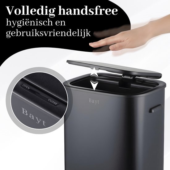 Gros plan du capteur d'une brique à déchets Bayt noire. Texte 'OPEN' et 'CLOSE'.