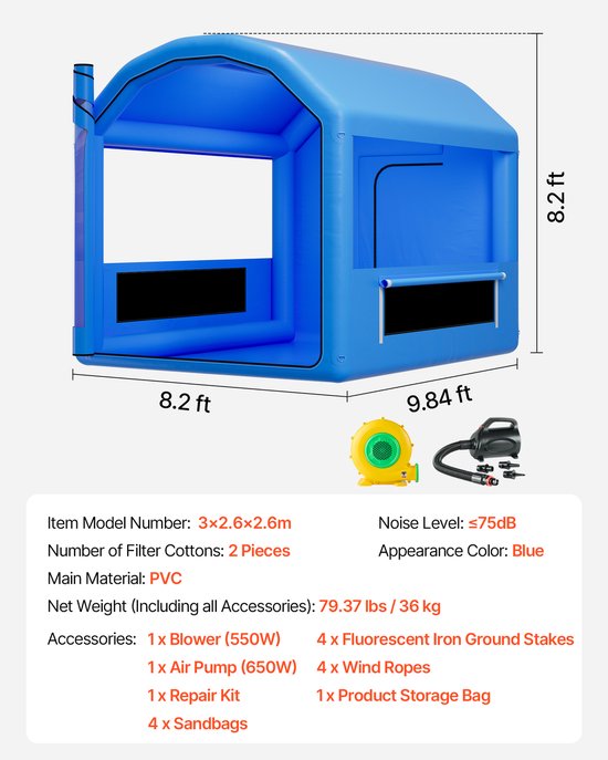 VEVOR Opblaasbare Spuitcabine 3 x 2,6 x 2,6 m, Spuitcabine Tent met 550 W Blower & Luchtfiltersysteem, Rond Dak, PVC, Spuiten voor Metalen Onderdelen van Motorvoertuigen, Blauw — afbeelding 3