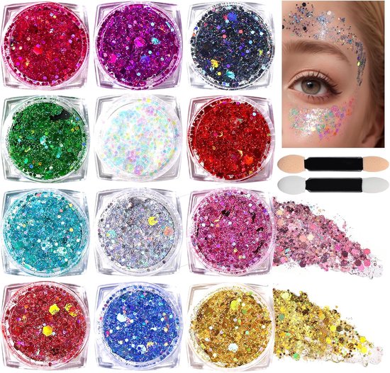 Body Glitter - 12 kleuren - Holographic Chunky Glitter Gel Glitter Make-up - Face Glitter - Festival Glitters - Schmink - Festival Haar Glitter Gel - Voor gezicht, lichaam, haar, make-up en rave