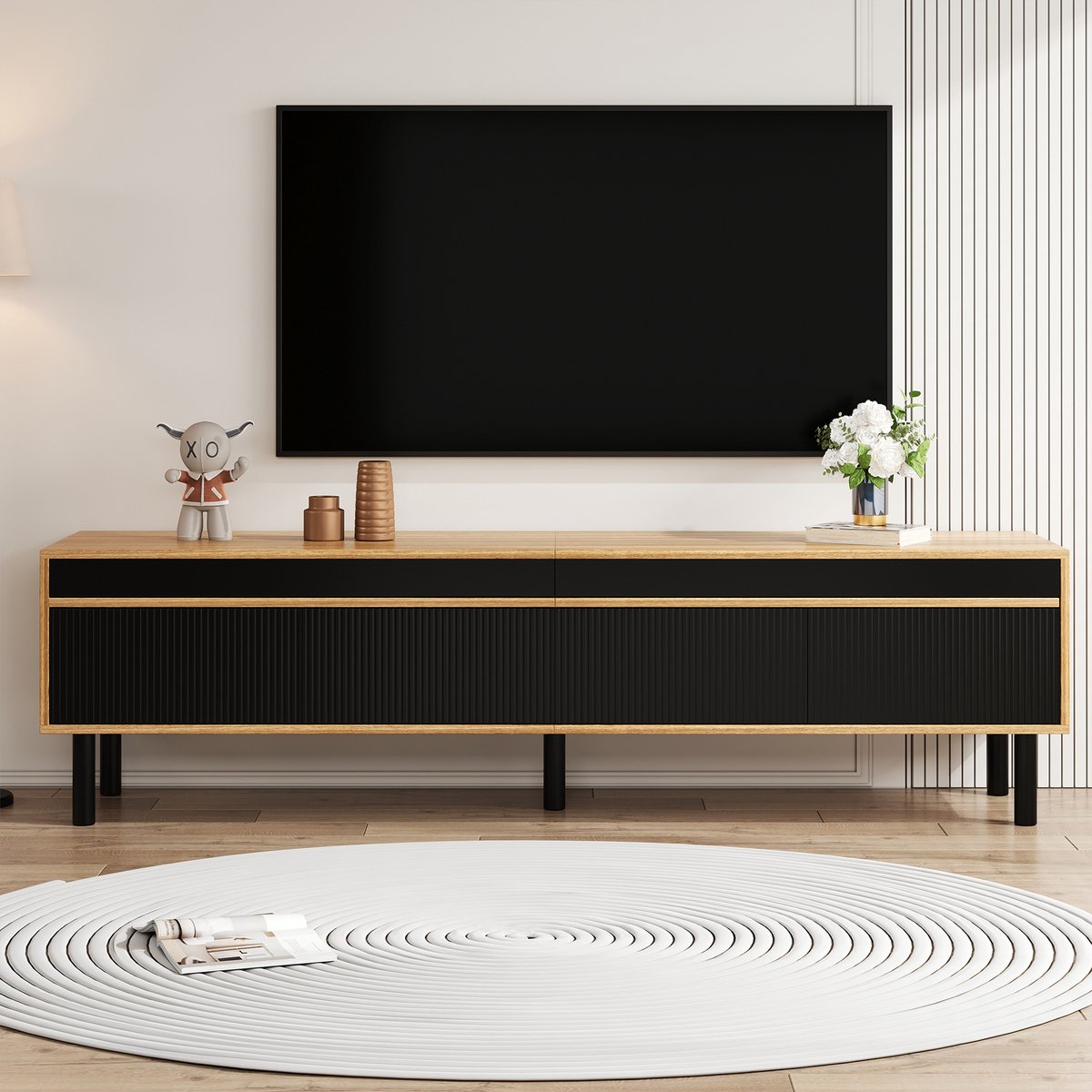 MODFU TV-meubel 170x38x47 cm van MDF en spaanplaat, zwart/naturel, modern met 4 deuren, reliëfpanelen en houten poten
