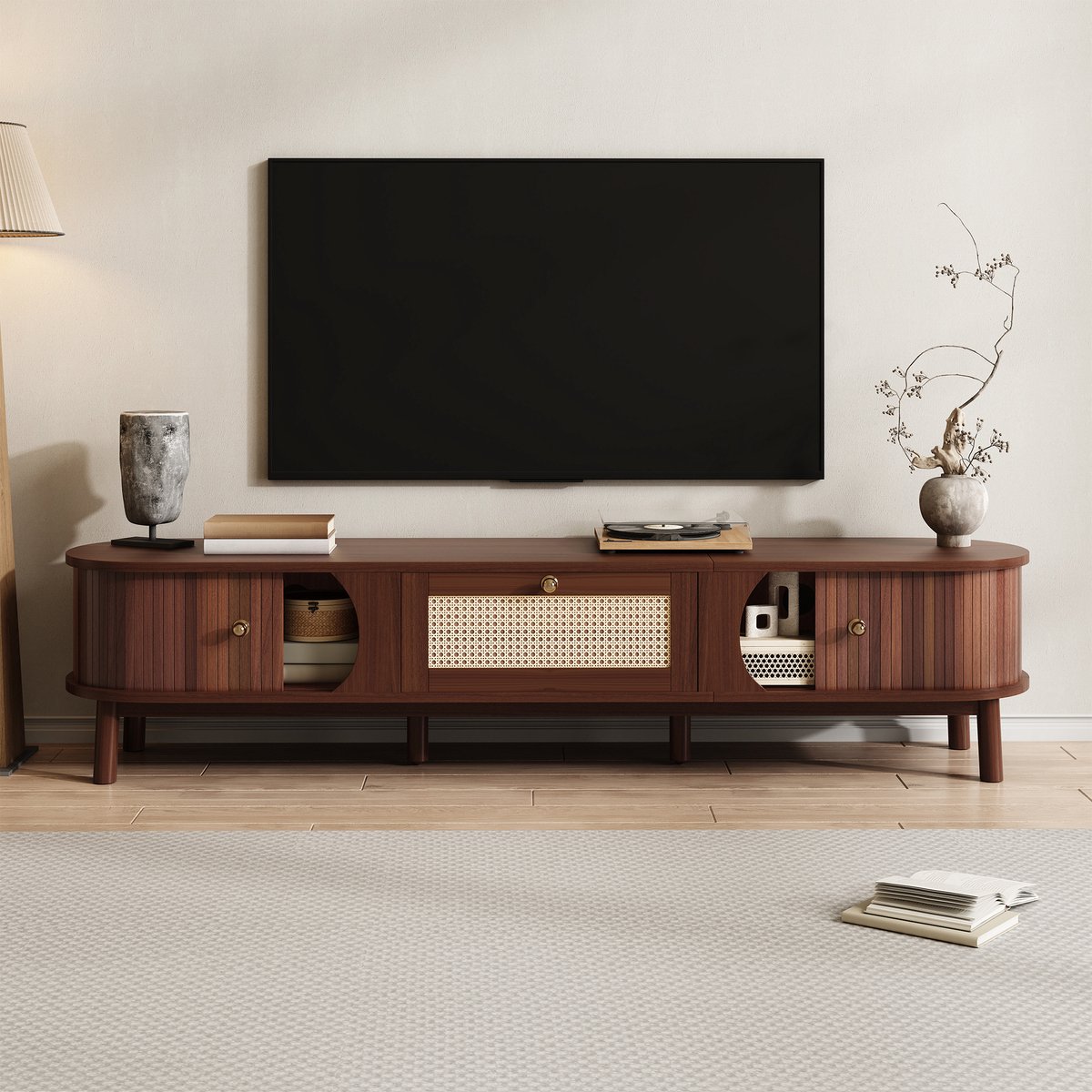 MODFU TV-meubel 170x38x39,5 cm van spaanplaat en rattan, met deuren en rattanladen, naturel walnootlook