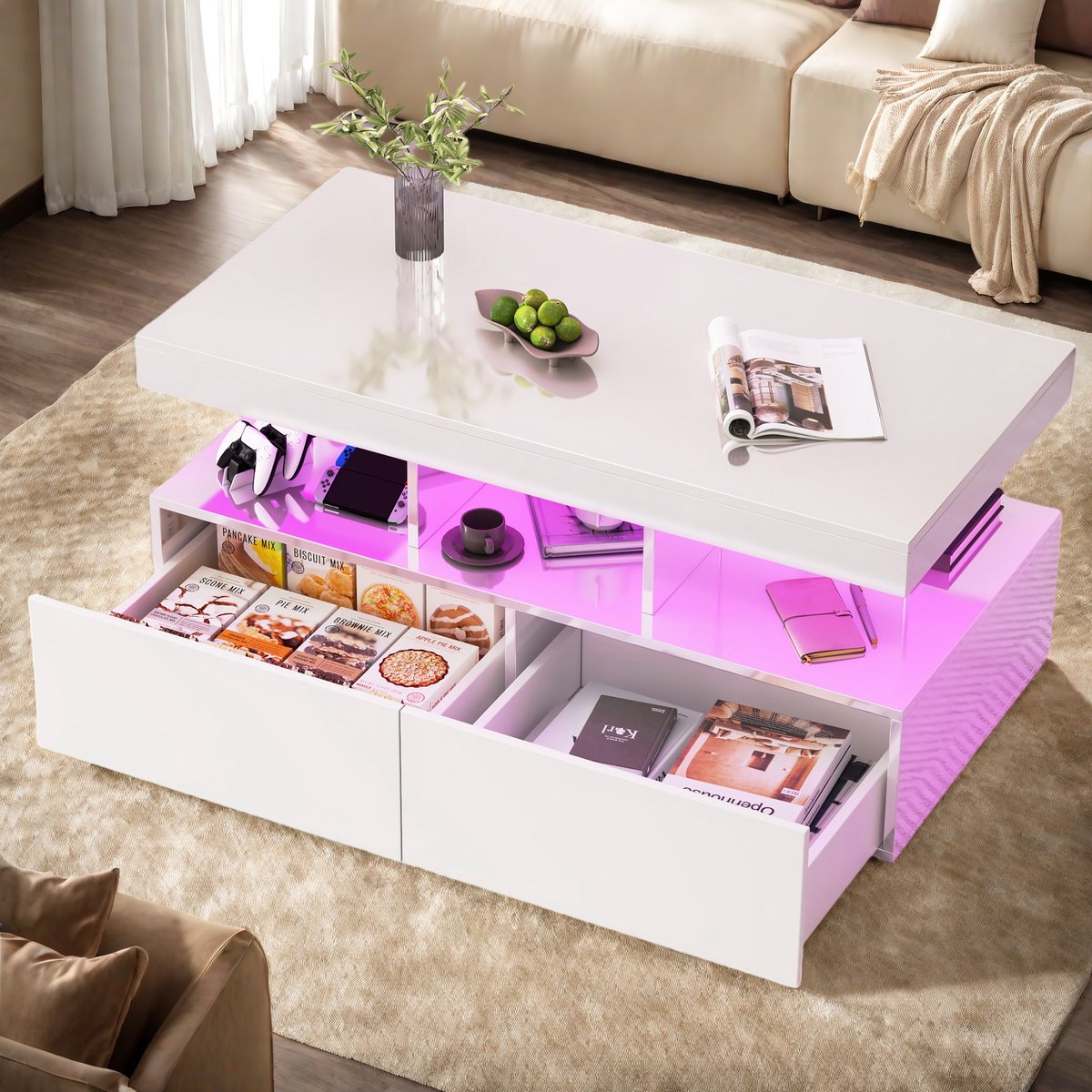 Moderne salontafel, woonkamertafel, hoogglans, LED en 2 lades, voor woonkamer, wit, MDF, 104x53x46cm