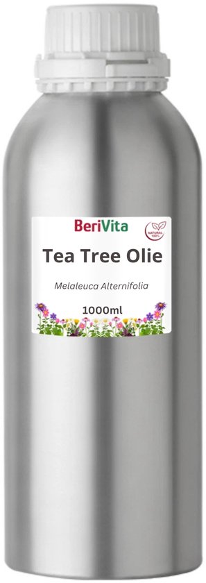 Aluminiumfles met label "BeriVita Tea Tree Olie Melaleuca Alternifolia 1000ml".