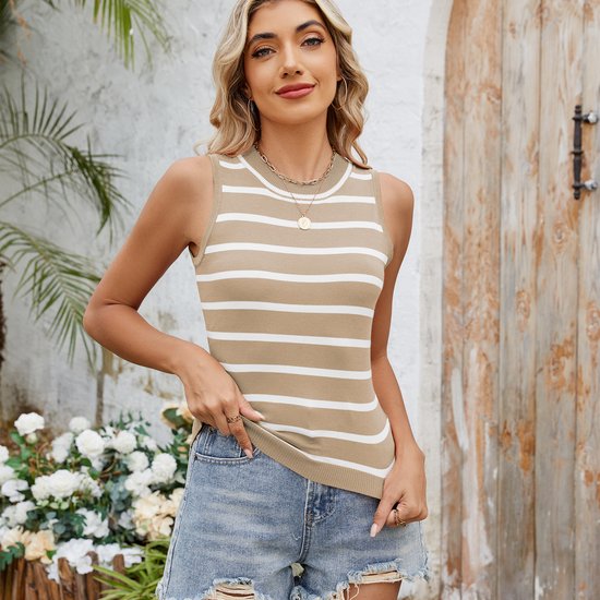 Stijlvolle Retro Gestreepte Aansluitende Mouwloze Trui - Perfect voor Casual en Trendy Outfits