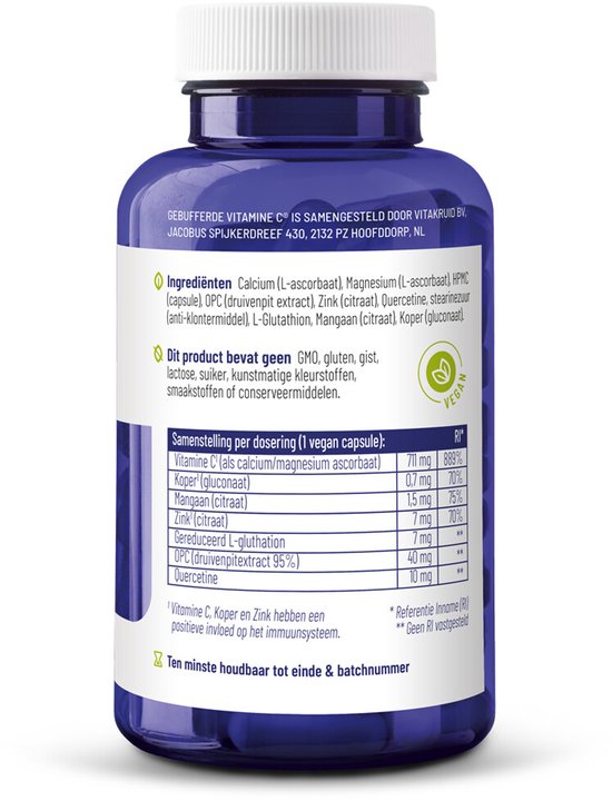Donkerblauwe pot met label waarop de samenstelling van de vegan capsules staat. Met vegan logo.
