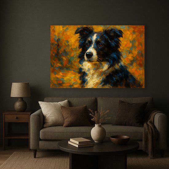 Een schilderij van een Border Collie met zwarte, witte en bruine vacht, tegen een oranje, gele en blauwe achtergrond, hangend boven een bank.