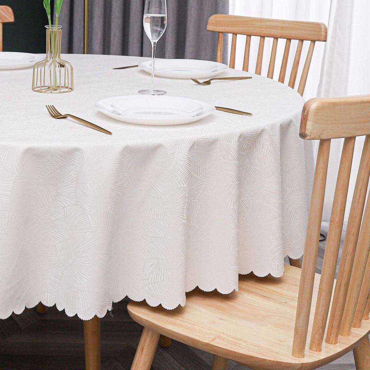 Ronde PVC Tafelkleed Wit Gestreept - Waterdicht en Afwasbaar voor Binnen & Buiten