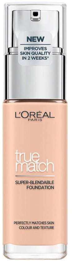 L'Oréal Paris True Match Foundation in perzikachtige tint 1R/C. Transparante fles met zilveren pompje en 'NEW' label.