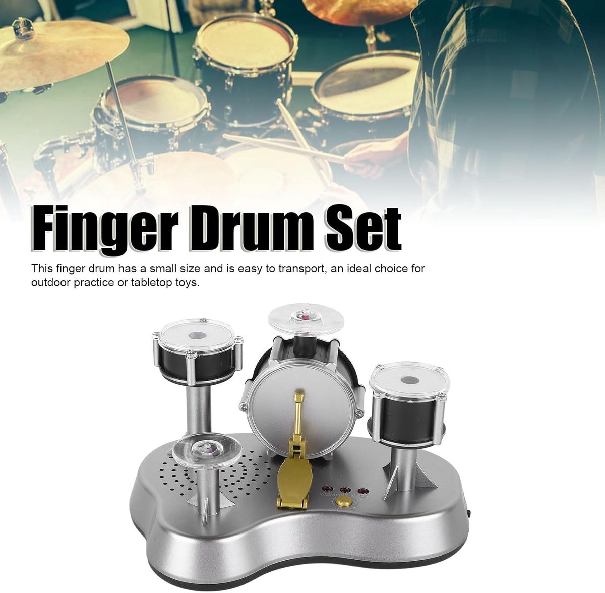 Deze mini-vingerdrumset is een draagbare elektronische drum die realistische geluiden produceert, geschikt voor kinderen, beginners en muziekliefhebbers. Hij is ideaal om te oefenen, voor creatieve activiteiten en als decoratie in huis. thumbnail 3