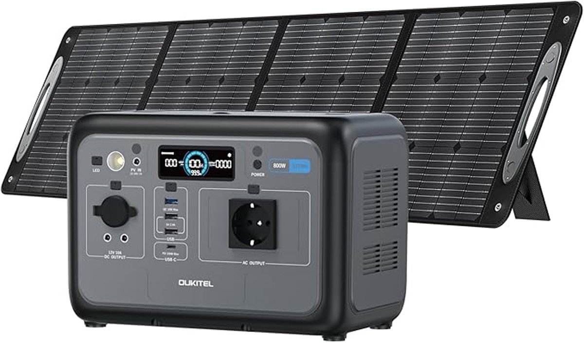 OUKITEL P800 Draagbare Powerstation 512Wh (LiFePO4) – 800W / 1600W Piek – Inclusief 200W waterdicht Zonnepaneel – Snelladen – USB-A & USB-C – Voor Camping & Outdoor