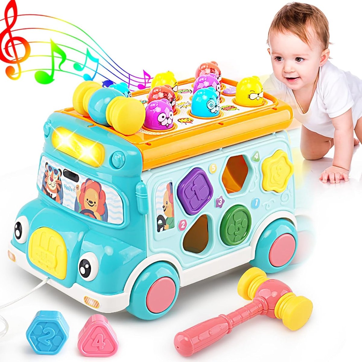 Muziekactiviteitenbus voor baby's, educatieve auto voor baby's, geluid en licht, interactief spel, vormensorteerder, dierenmatching, cadeau voor peuters, jongens en meisjes (3, 4, 5, 6, 7 jaar) (blauw)
