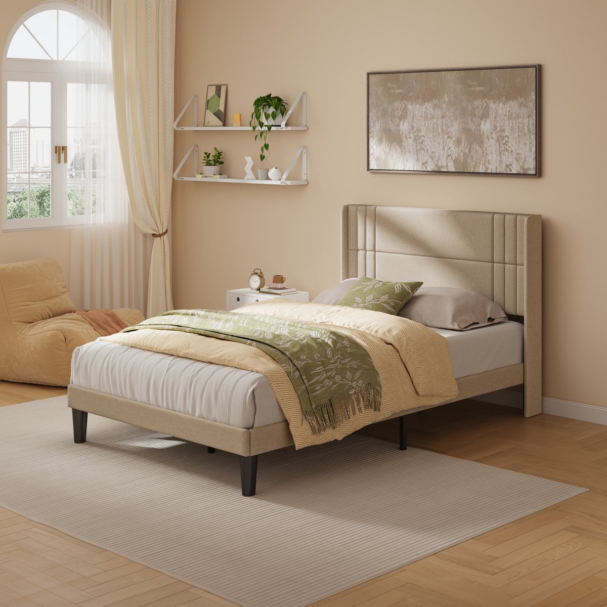 Bealife BF45 Bedframe - 200 x 140 cm - Tweepersoonsbed - Hoofdbord en Lattenbodem - Beige