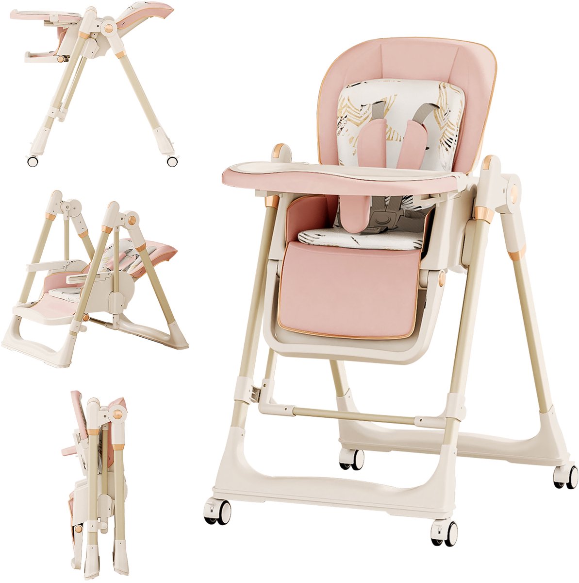 Kinderstoel 4 In1-3 kantelstanden-5 Hoogtestanden-Wieltjes-Schommelstoel voor baby's vanaf 3 maanden-Roze