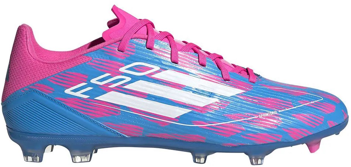 Adidas F50 League FG/MG voetbalschoenen in blauw met roze accenten, EU 44, lichtgewicht en deels gerecycled.