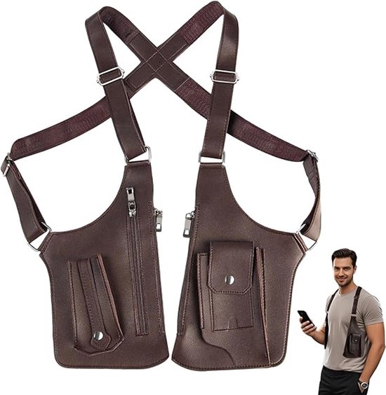 Faux PU Leer Verborgen Onderarm Schoudertas Vintage Mannen Dubbele Schouder Onderarm Tas Verstelbare Anti-Diefstal Portemonnee Buiten Verborgen Mobiele Telefoon Holster Tas,Brown1,M