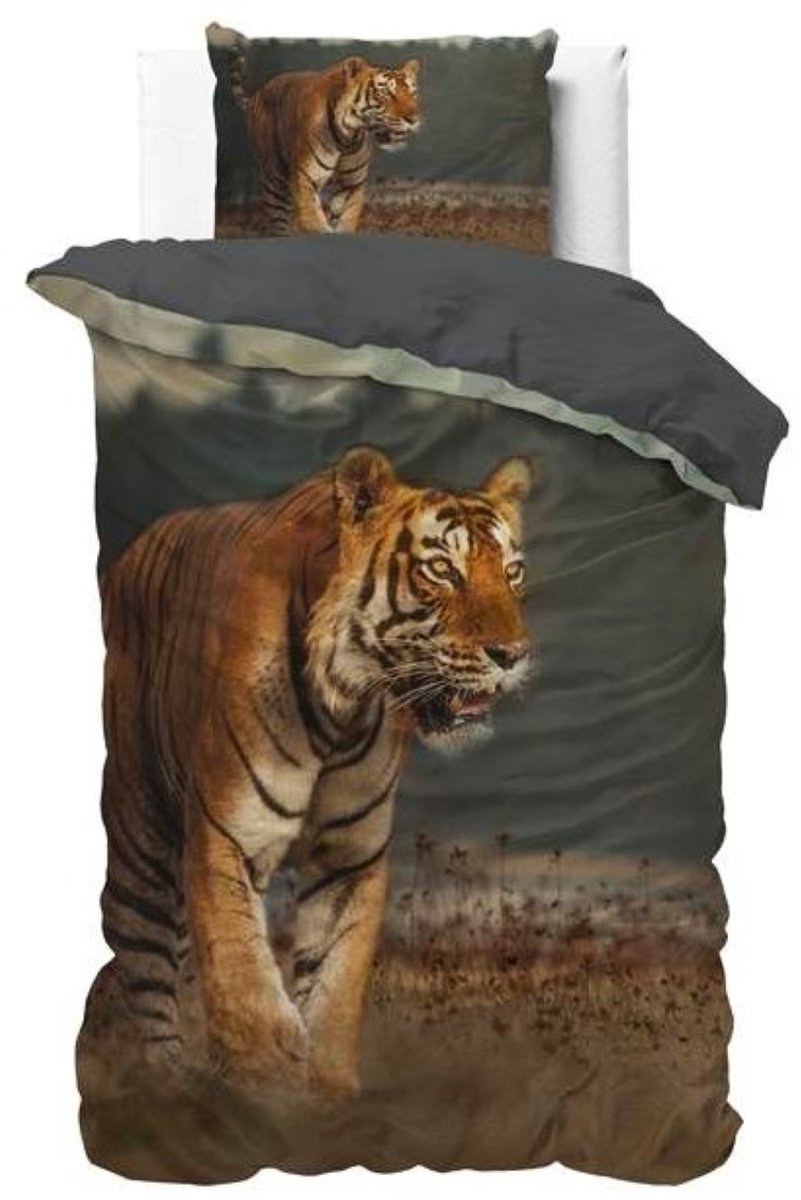 1-persoons dekbedovertrek (dekbed hoes) taupe / bruin / grijs met grote tijger / tiger (wild dier) in de natuur / savanne eenpersoons 140 x 220 cm (rustig beddengoed natuur slaapkamer)