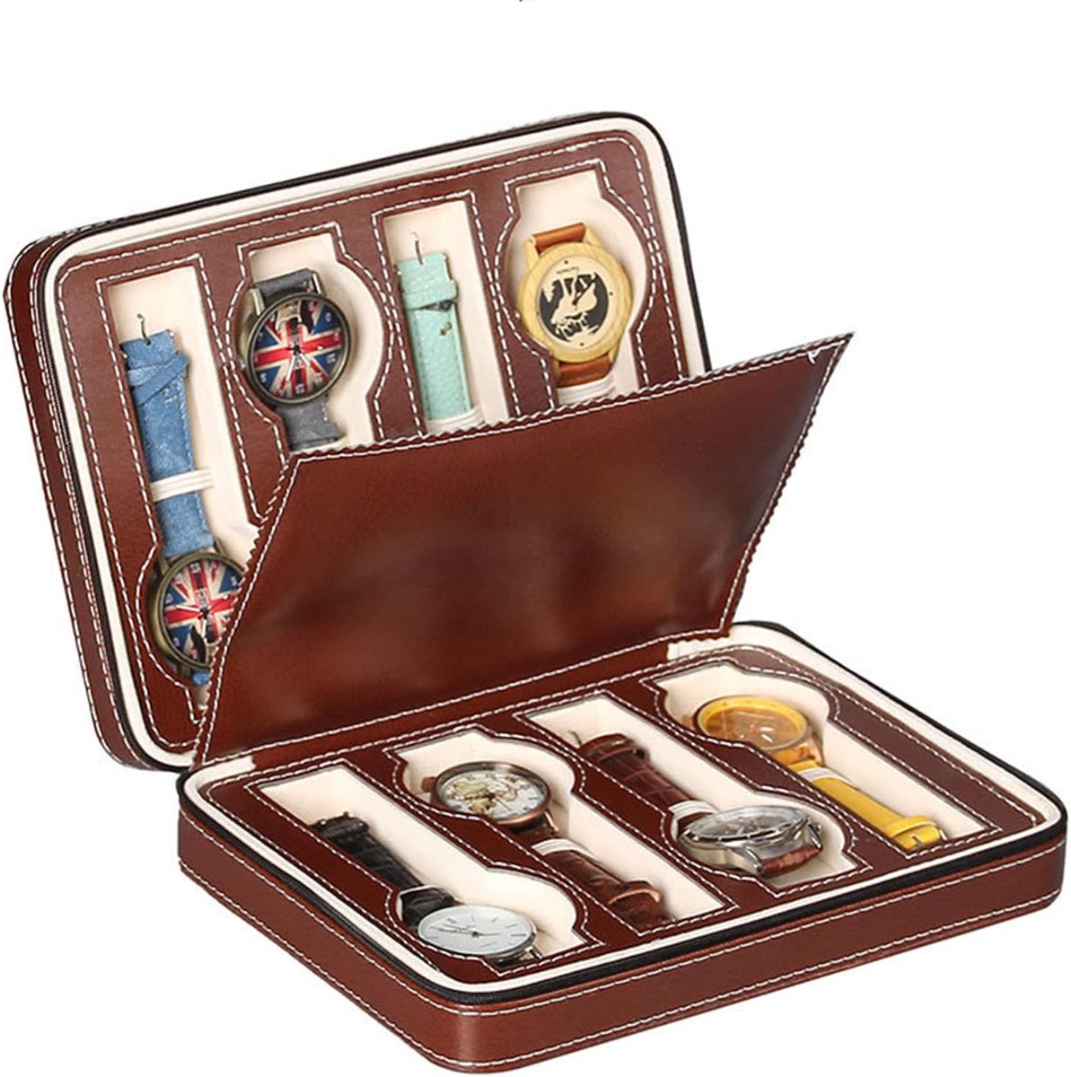 Opslagdoos voor Horloges - 8 Slots - Bruin - Horloge Stand - PU Leer - Rits - Sieraden - Favorieten