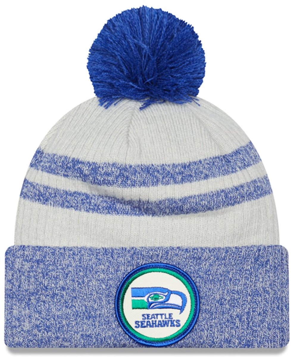 New Era Royal Seattle Seahawks 2022 Sideline Historic Cuffed Pom Knit Hat beanie muts Blauw