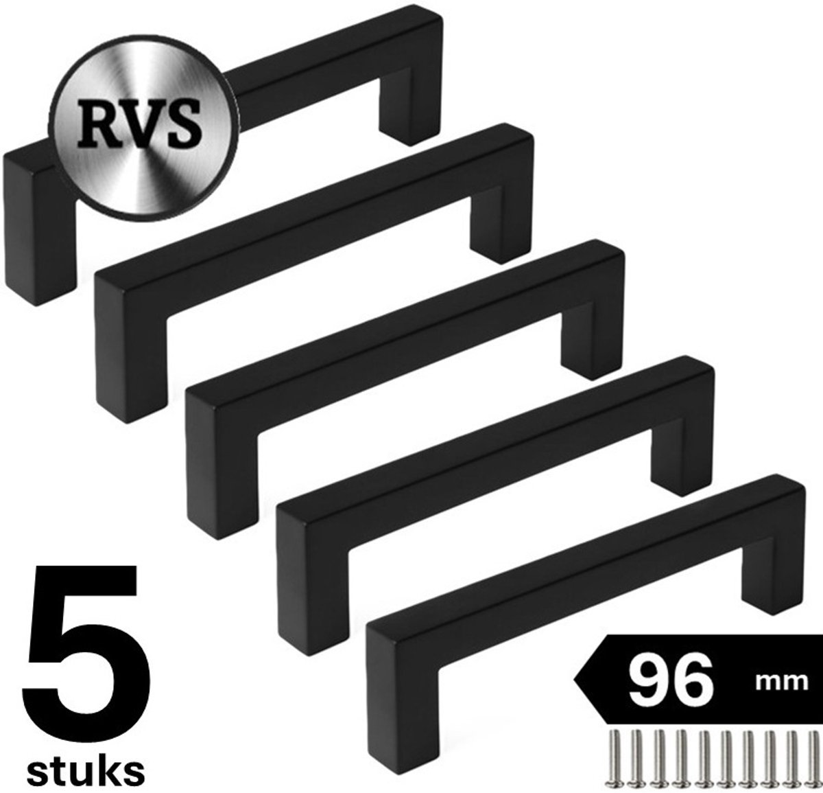 5 X MSQDESIGN Zwarte RVS Handgrepen 96mm - Handgreep zwart - Handgrepen keukenkastjes - Keukengrepen zwart - Kastgrepen - Meubelgrepen - Handgrepen deurtjes kast - Handgreep keuken - Deurgreepjes - ladegreep - Meubelgreep zwart