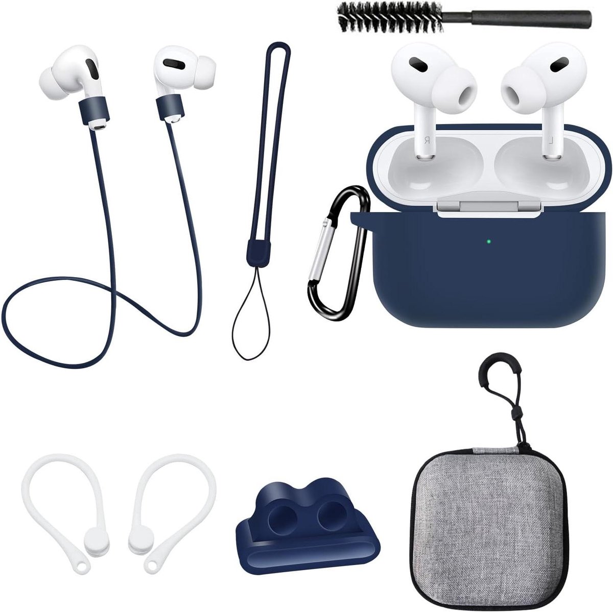 CSGoods - Siliconen beschermhoes voor Apple Airpods Pro 2 Gen met 8 accessoires: horlogehouder, sleutelhanger, poetsborstel, riem, accessoirebox (blauw)
