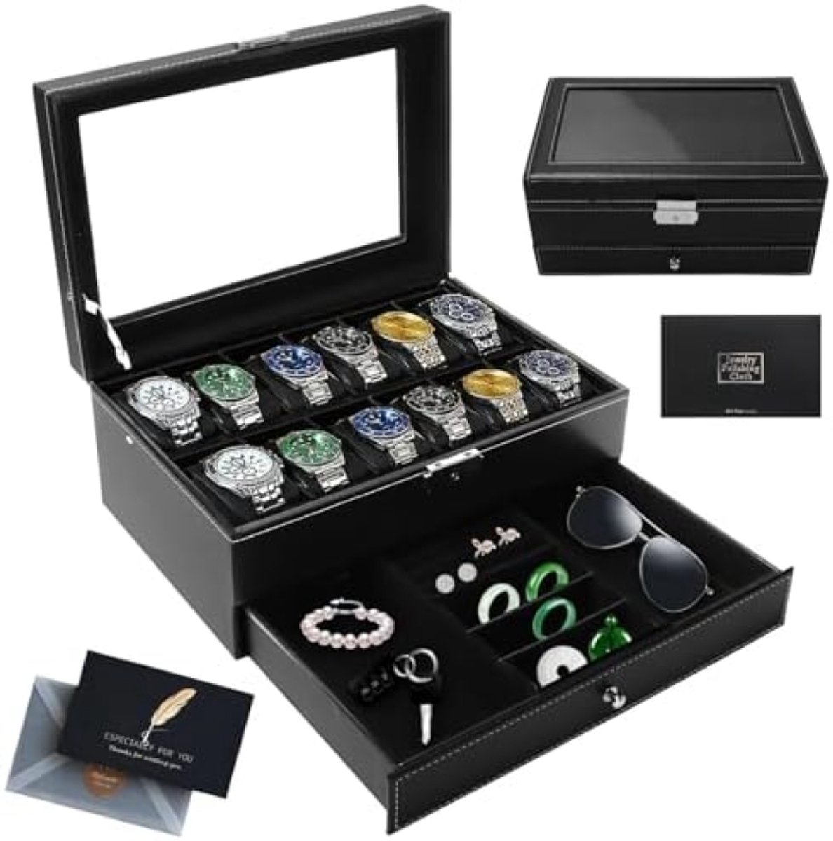 Horlogedoos met 2 Lagen - Opbergbox met Glazen Deksel voor 12 Horloges en Extra Lade voor Sieraden - PU Leer, Fluwelen Voering en Metalen Sluiting - Luxe Horlogekist voor Horloges, Ringen, Kettingen en Armbanden