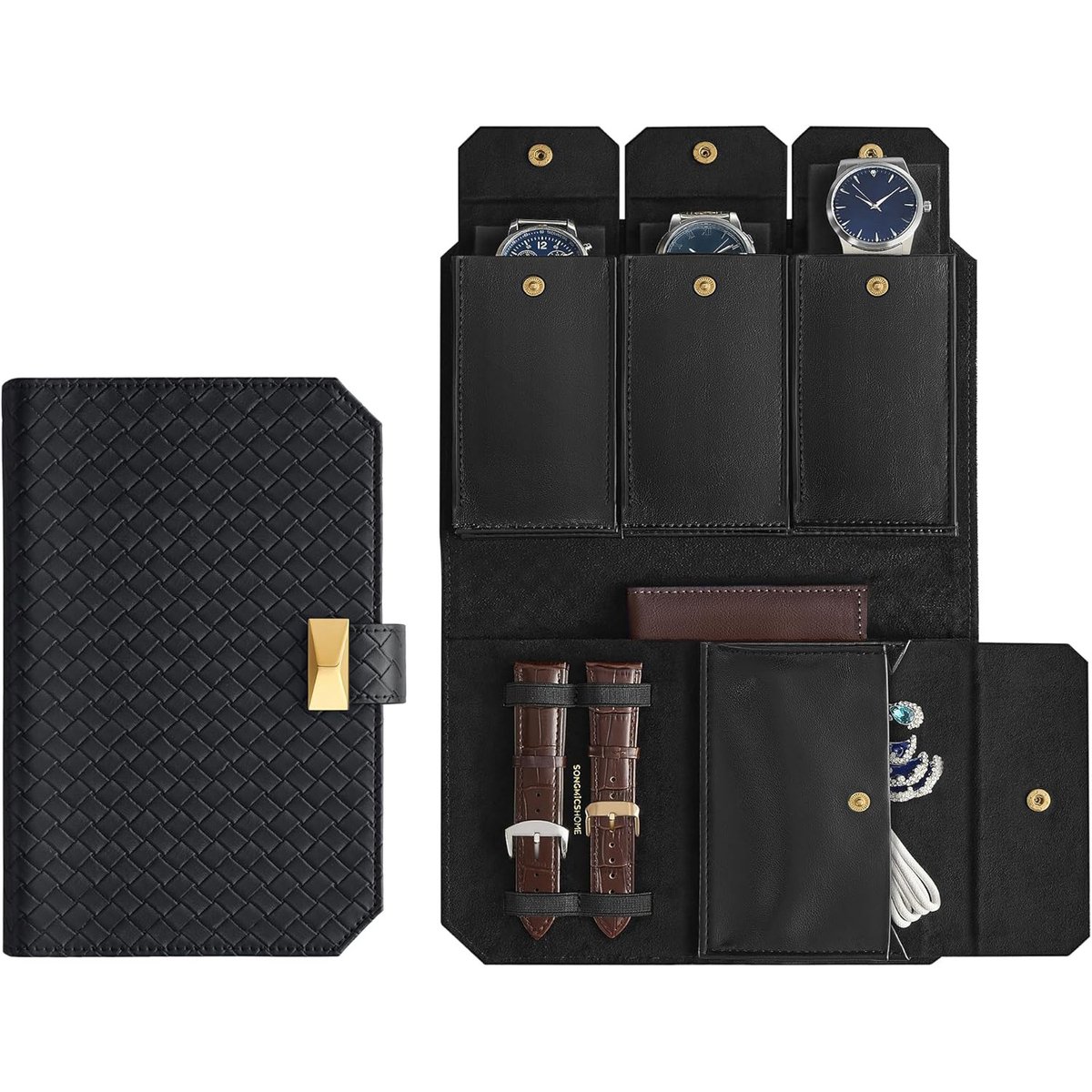 3-vaks horlogebag, reishorlogedoos, draagbare horloge-opbergtas met geweven reliëf PU-leer, voorzien van zachte voering, verborgen vakjes en elastische horlogeband, 22 × 14,5 × 4,5 cm, zwart.