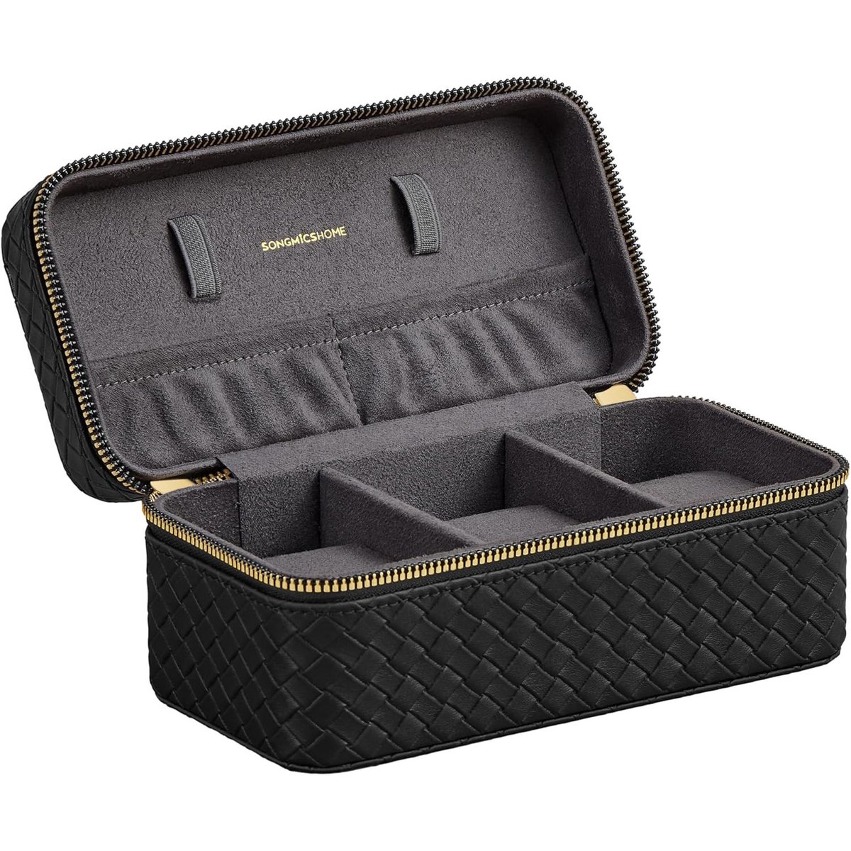 3-vaks reisset voor horloges met uniek geweven reliëf PU-leer en zachte suède voering, 10 × 20 × 9 cm, zwart+grijs