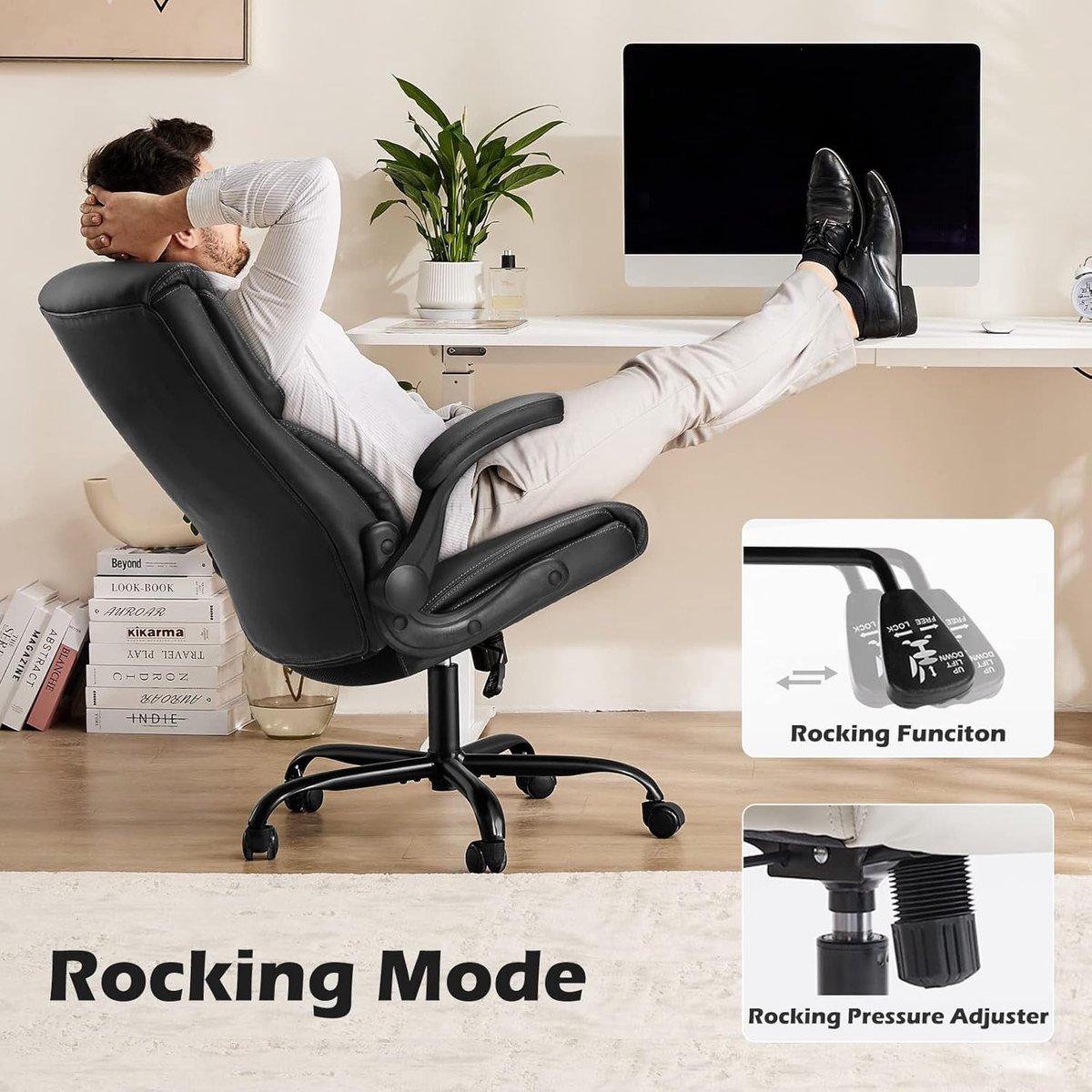 PU-lederen Bureaustoel Directiestoel met Opklapbare Armleuningen, Ergonomische Office Chair met Draaibare Wielen, Comfortabele Hoogteverstelbare Zitting voor Thuis en Kantoor, Zwart – Altameubel