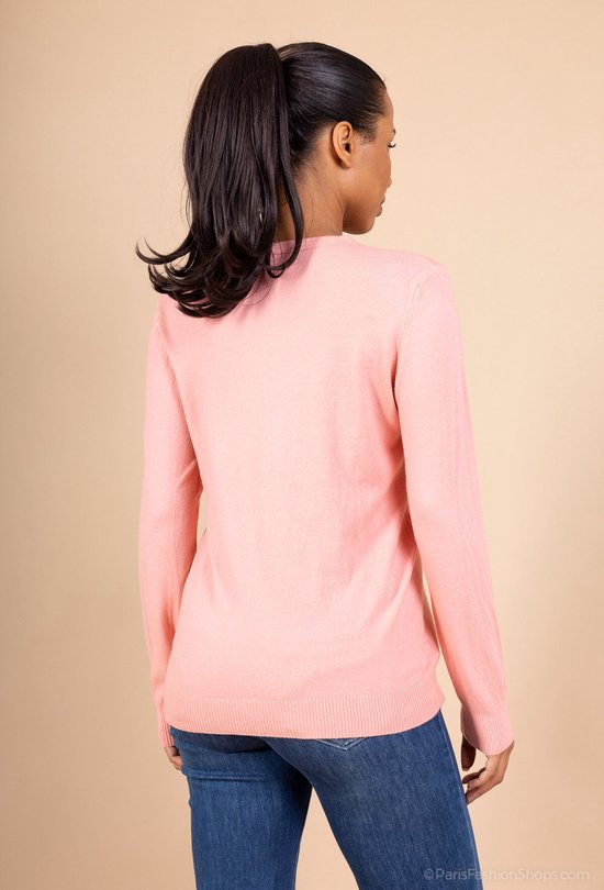 Dames warme trui Alida-V-hals-fijngebreid-effen roze-lange mouwen-maat XL/XXL