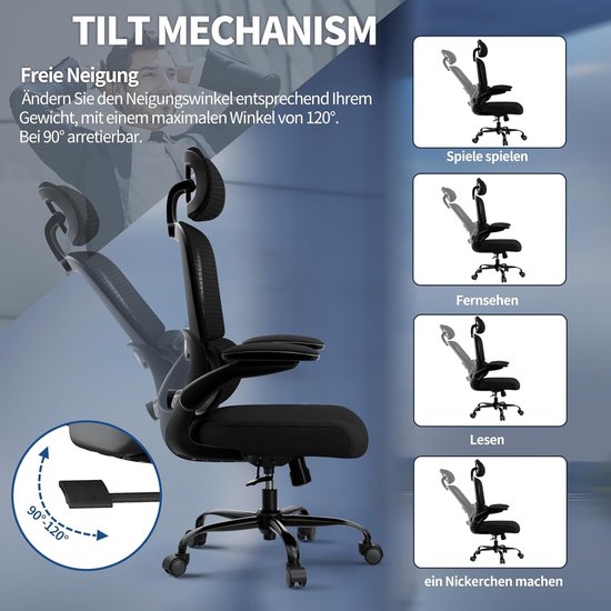 Ergonomische Bureaustoel voor Grote Mensen – In Hoogte Verstelbare Lendensteun en 2D Hoofdsteun – Gaming- & Kantoorstoel met 90°–120° Rugleuning, Draaibaar, Stille Wielen – Comfortabel Foam Zitkussen – 150 kg – Zwart