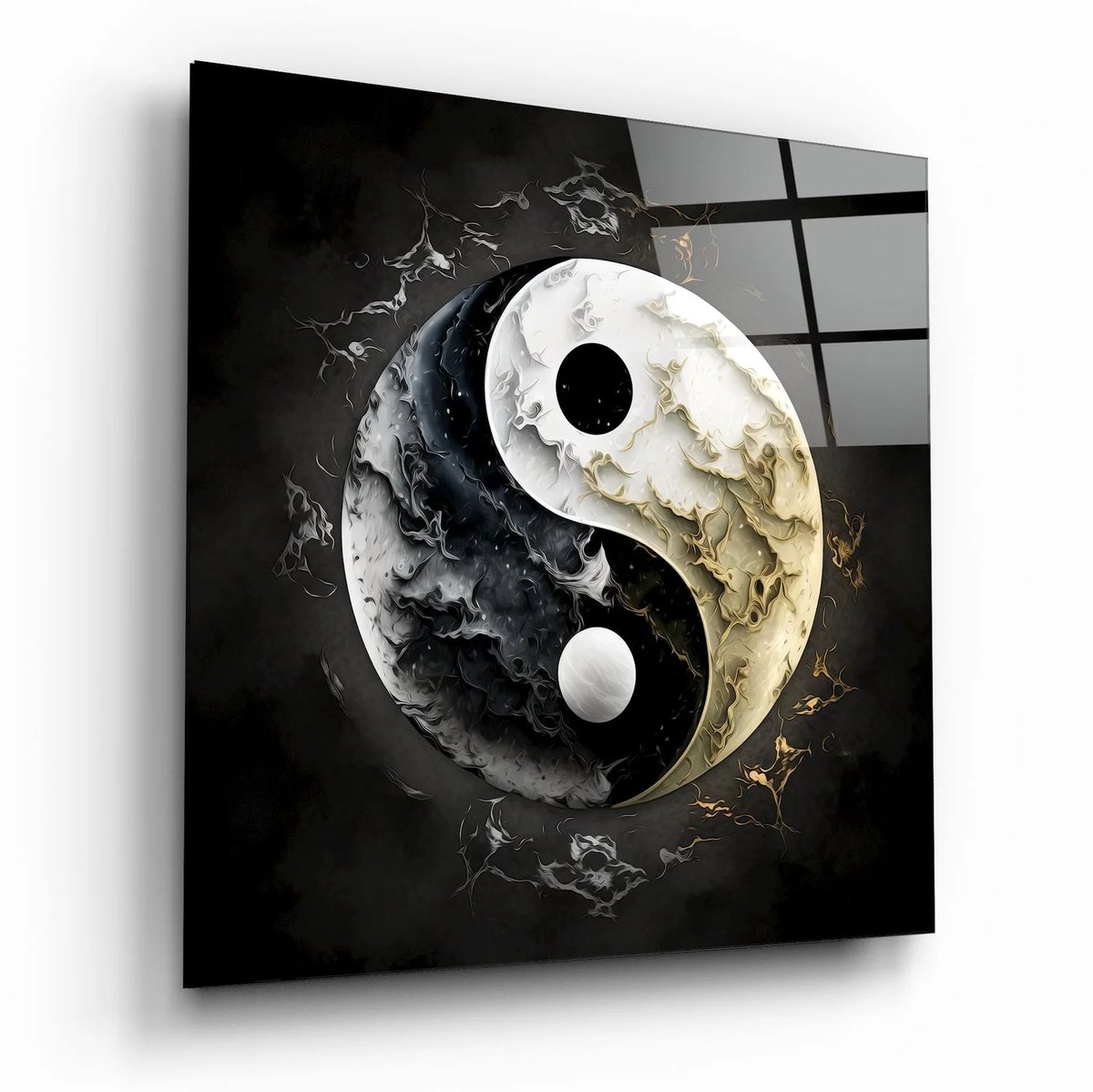 Insigne Art Glasschilderij Vierkant Yin Yang Abstract – Zwart Wit Goud Kunst - 80x80 cm